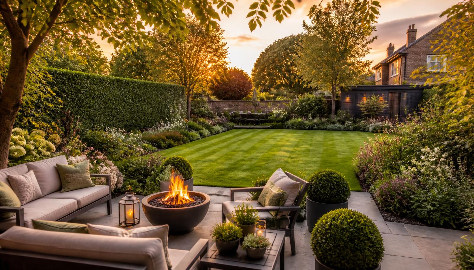 Beautiful UK residential garden designed for year-round enjoyment with a patio seating area, fire pit, striped lawn, evergreen shrubs, flower borders and warm golden hour light