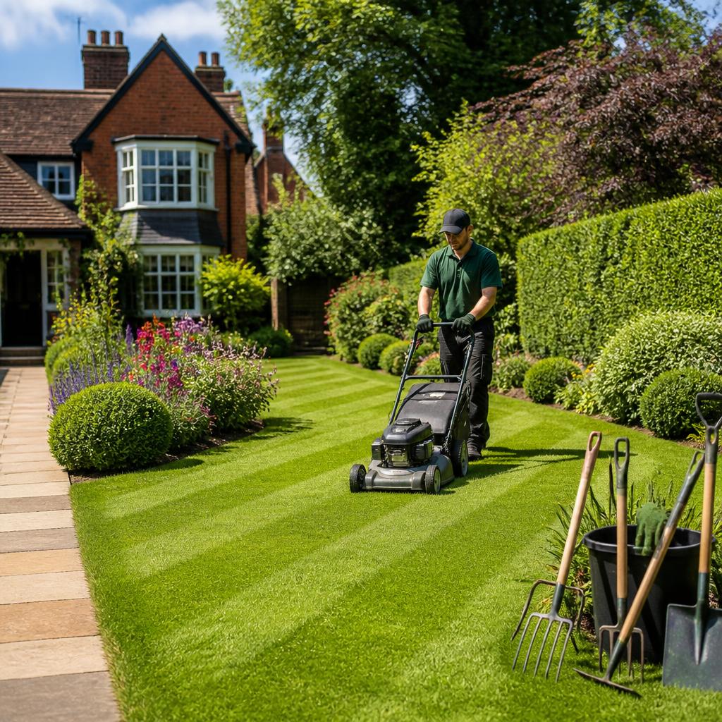 Professional gardener mowing a freshly cut striped lawn in a UK residential garden with neatly trimmed hedges, colourful flower beds, clean garden paths and gardening tools on a sunny summer day