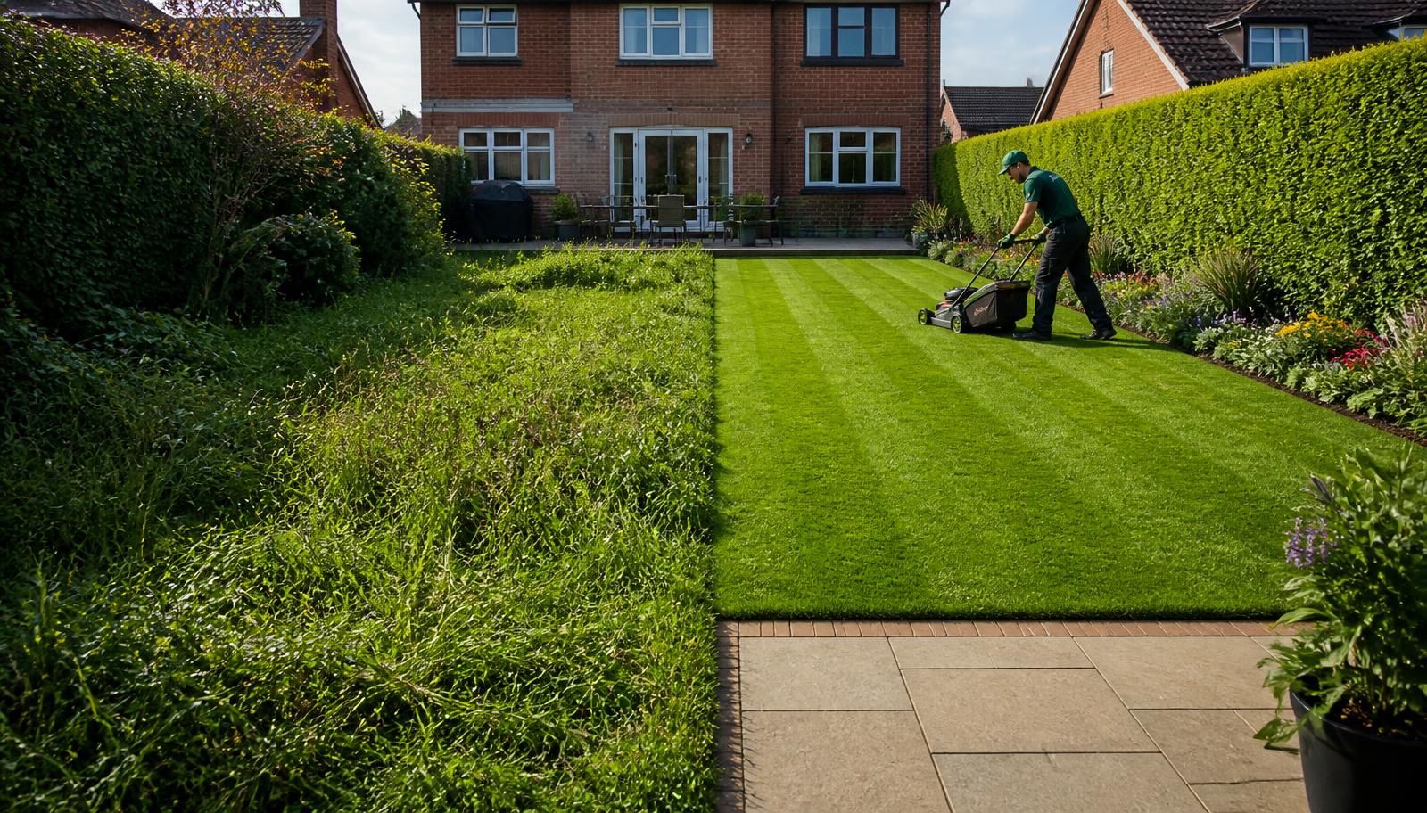 UK residential garden split in two: an overgrown, weedy, neglected half beside a professionally transformed half with a striped lawn, trimmed hedges, flower borders and a clean patio, with a gardener mowing