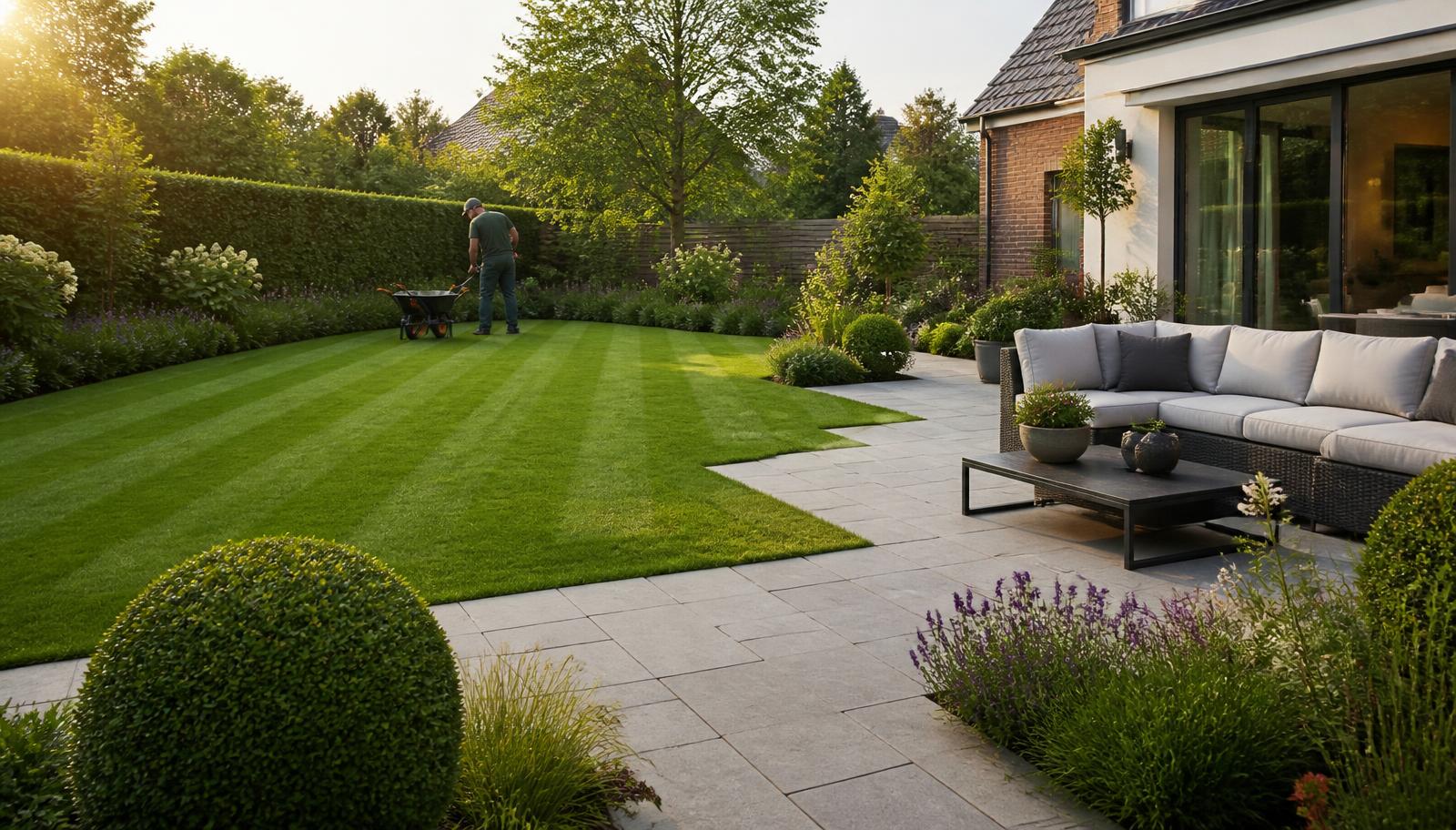 Professional gardener maintaining a modern residential garden with a striped lawn, trimmed hedges, flower beds and a patio seating area