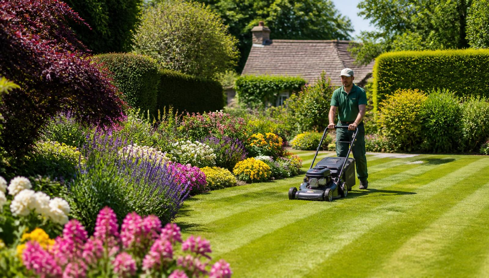 Professional gardener mowing a healthy striped lawn in a sunny UK garden with colourful flower beds and neatly trimmed hedges
