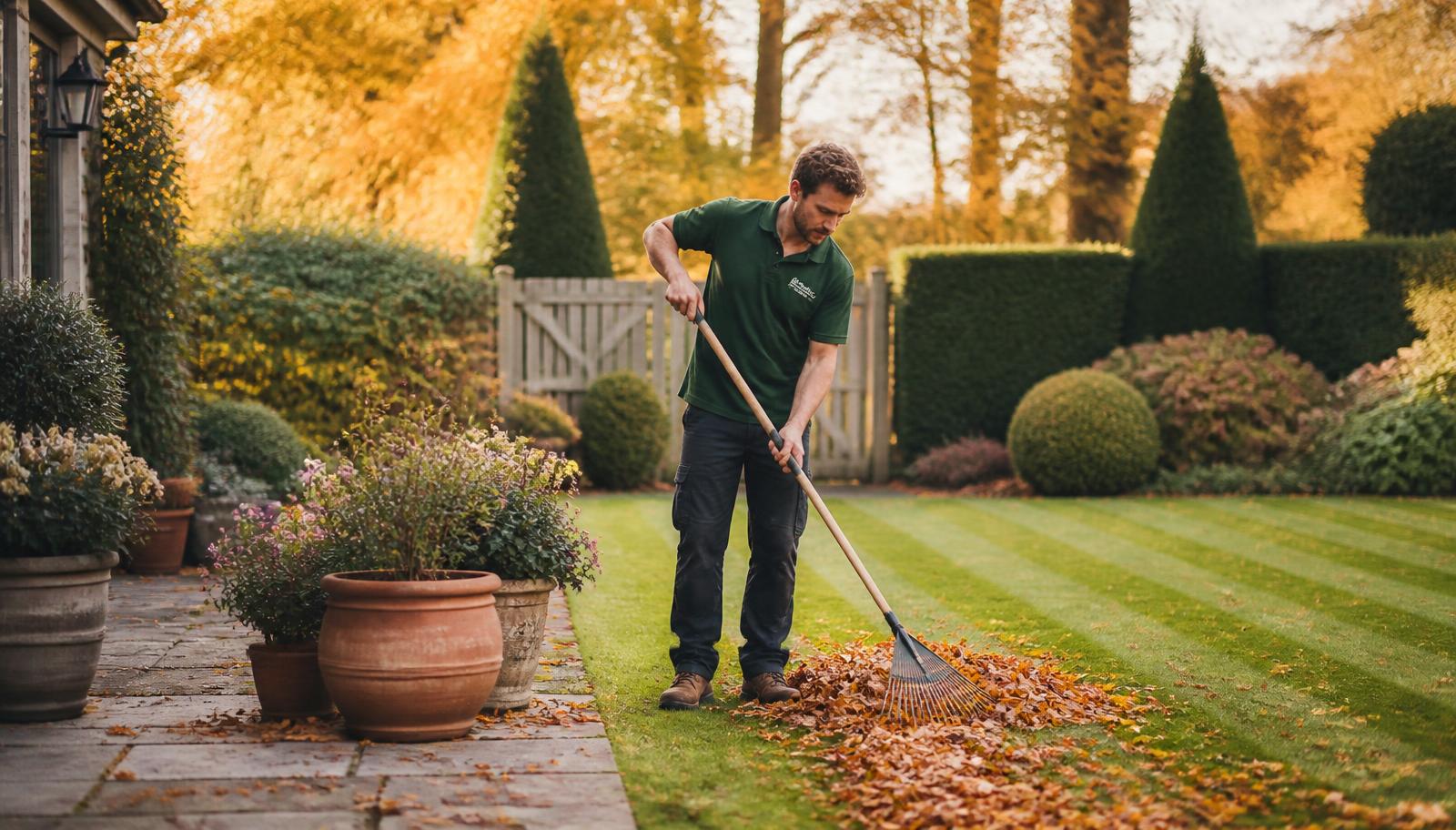 Professional gardener raking golden autumn leaves on a neatly striped lawn in a British garden with terracotta planters, trimmed hedges and warm autumn foliage