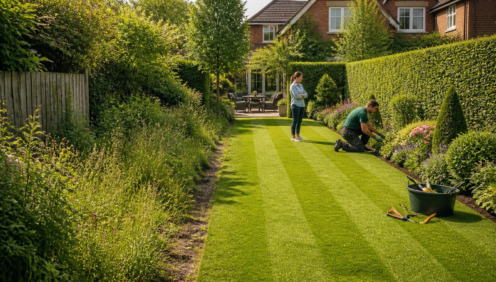 UK residential garden with a homeowner comparing an overgrown, untidy area with a professionally maintained side featuring a freshly cut striped lawn, trimmed hedges, flower beds and a clean patio, while a professional gardener works with quality tools
