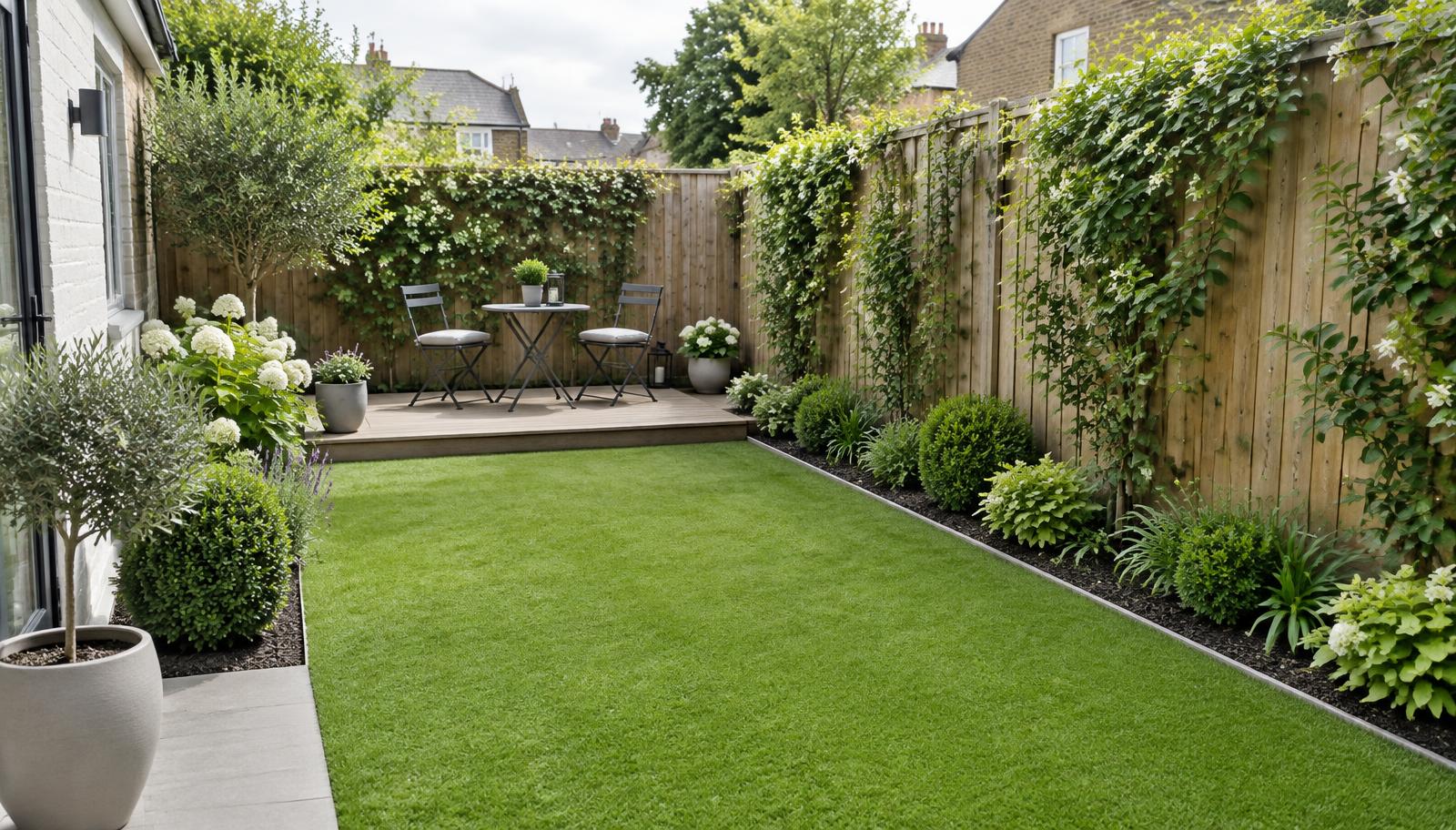Small uncluttered back garden with neat lawn, edged borders, climbing plants on a timber fence and a compact decking seating area