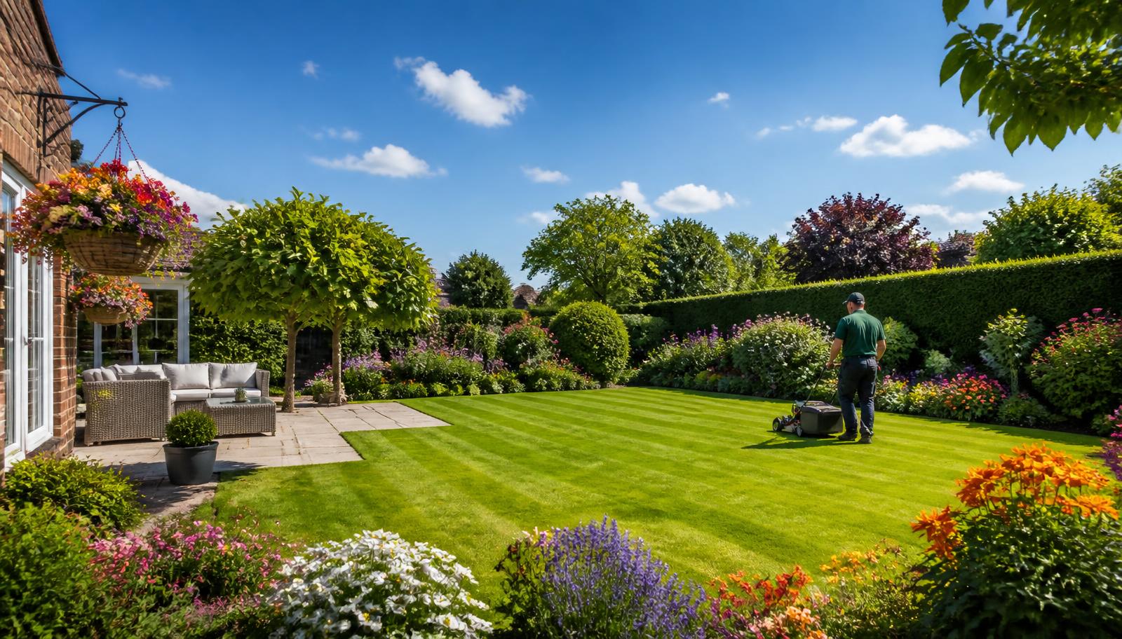 British family garden in summer with a freshly cut striped lawn, colourful flower beds in bloom, trimmed hedges, hanging baskets and a professional gardener mowing beside a modern patio