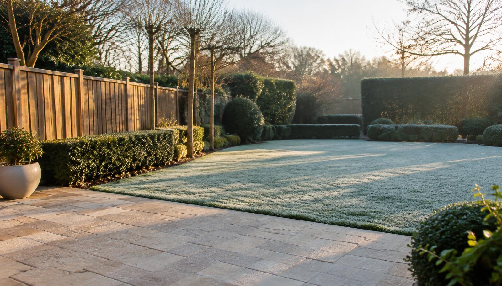 Neat UK garden in winter with a frosted lawn, swept stone patio, trimmed evergreen hedges and wooden fence in low winter sunlight